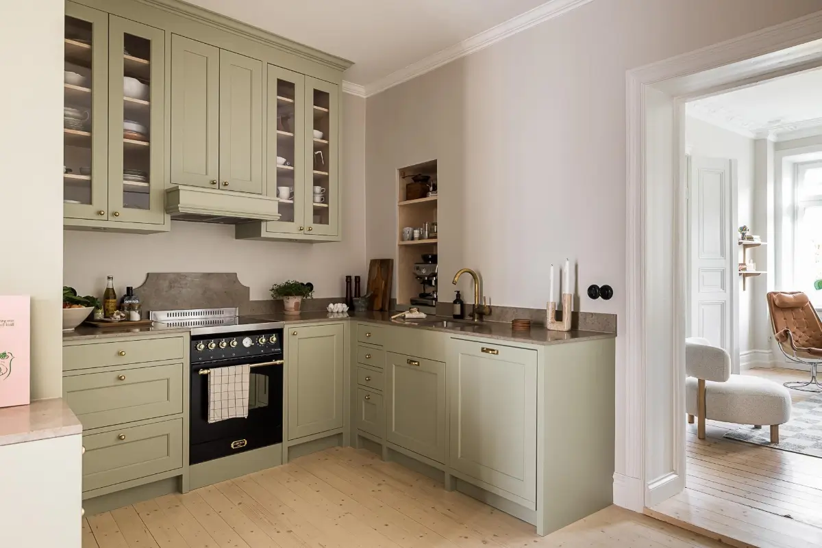 A Classic Renovated Apartment with a Social Light Green Kitchen 21 light green kitchen niche with shelves