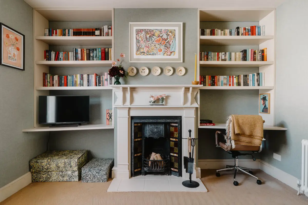 Cozy Interiors in a Restored 19th Century Family Home in Tunbridge Wells 14 living room fireplace built-in shelves desk