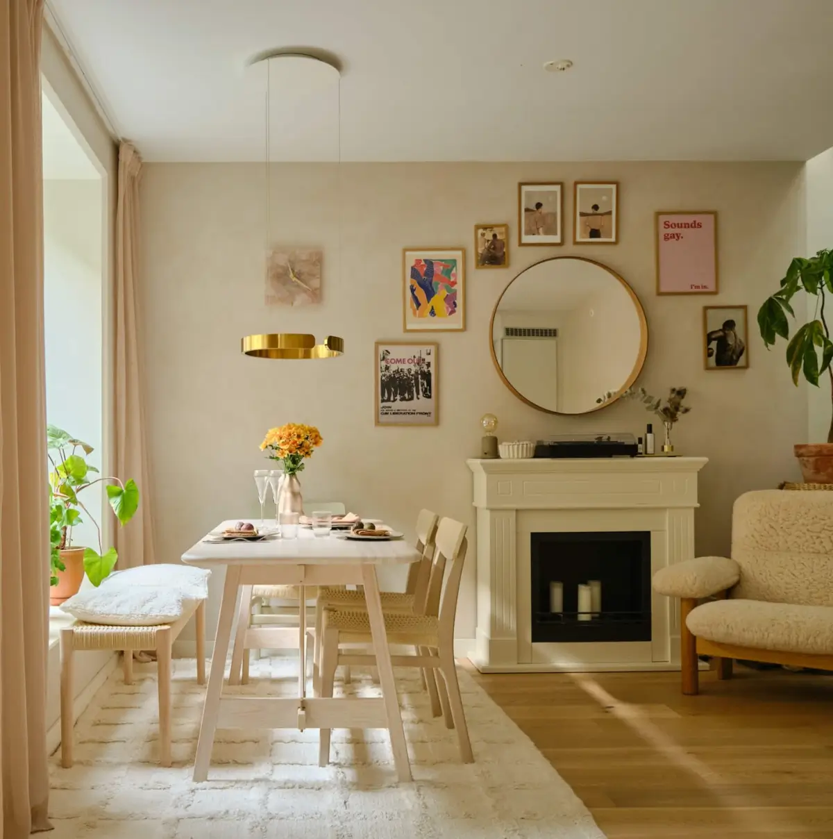 living room scandi dining table fireplace round mirror nordroom