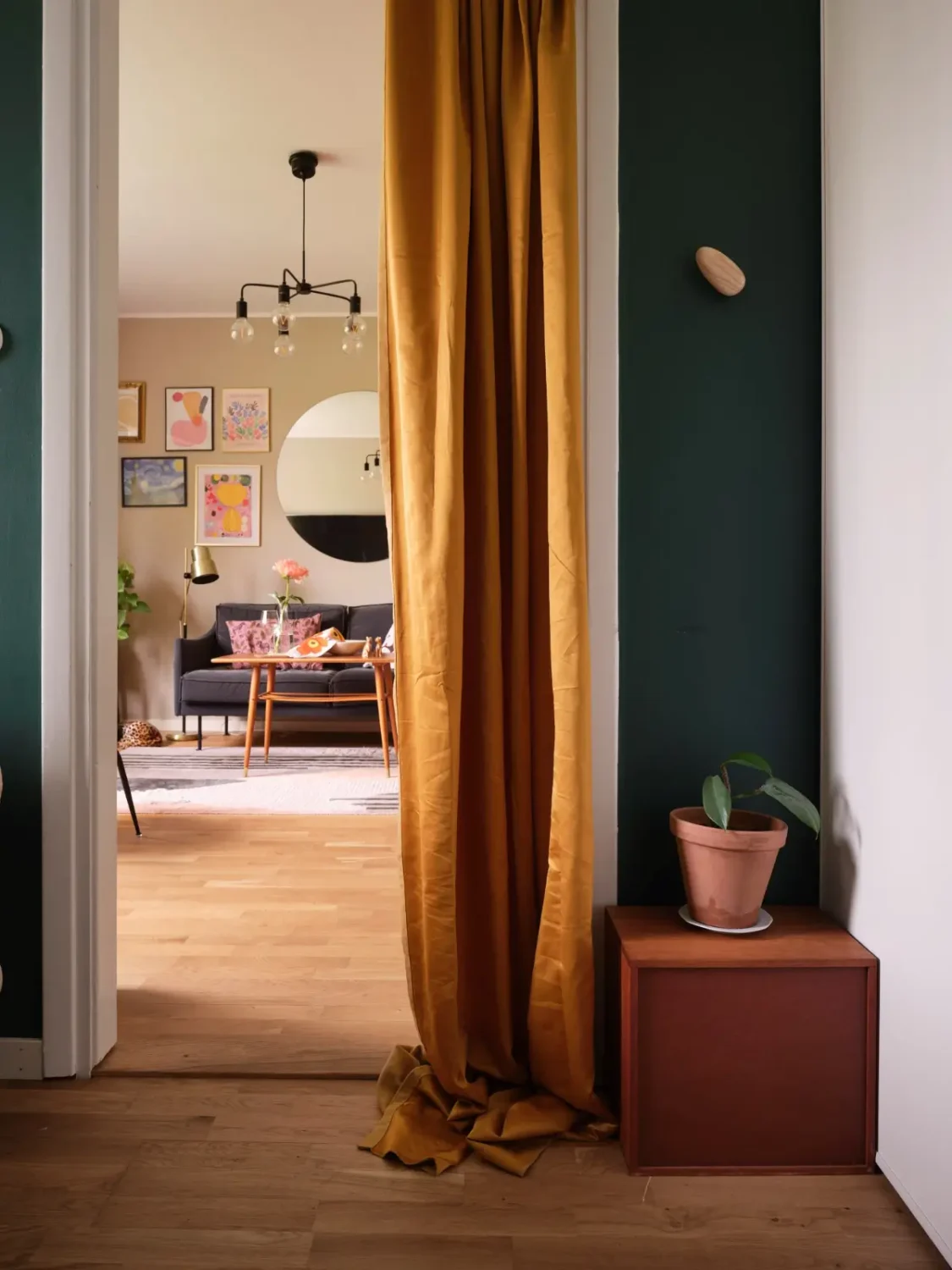 A Natural Color Palette in a Swedish 1940s Apartment 11 ochre-yellow velvet curtain