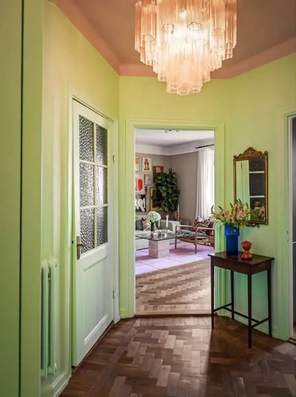 A Colorful Studio Apartment with Gucci Wallpaper 13 parquet floor green hall A Colorful Studio Apartment with Gucci Wallpaper