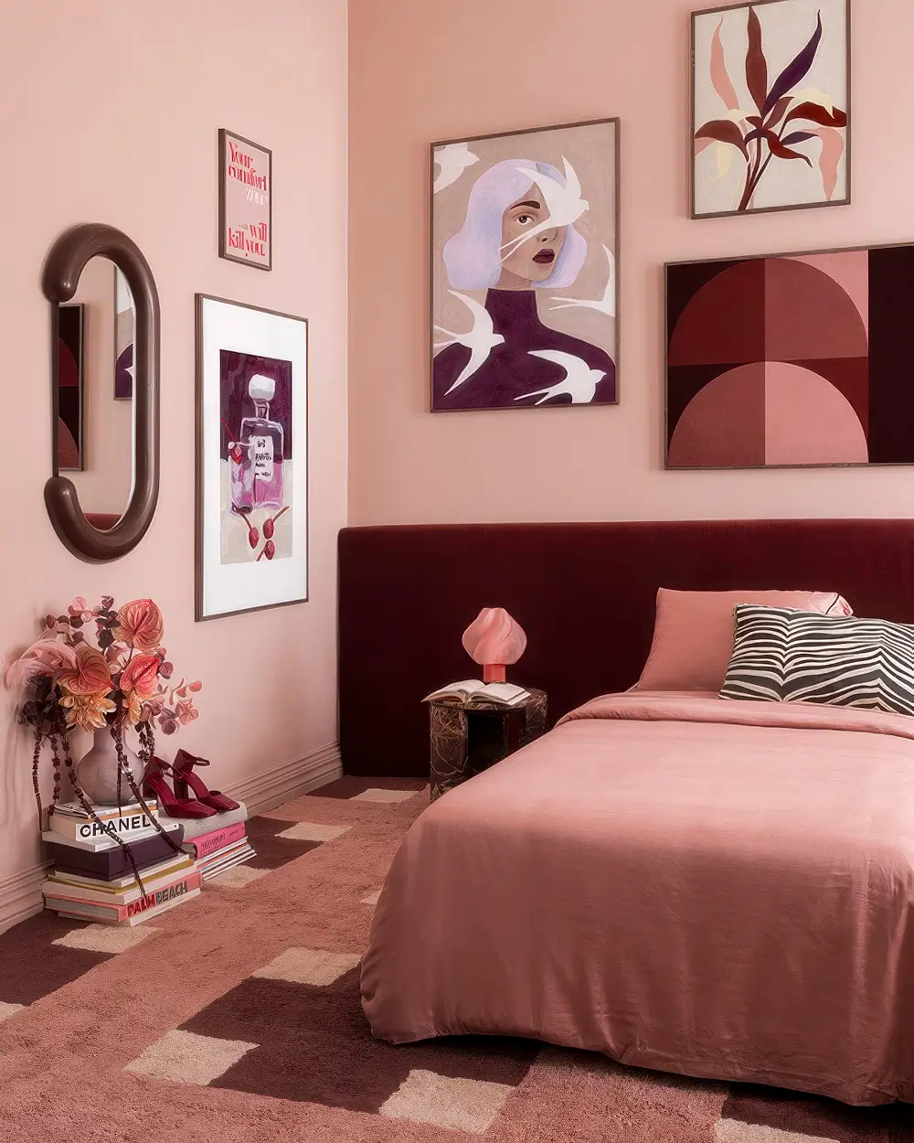 The Color Trends for 2026: A Return to Nature, Balance, and Grounding 41 pink-bedroom-dark-red-headboard-nordroom