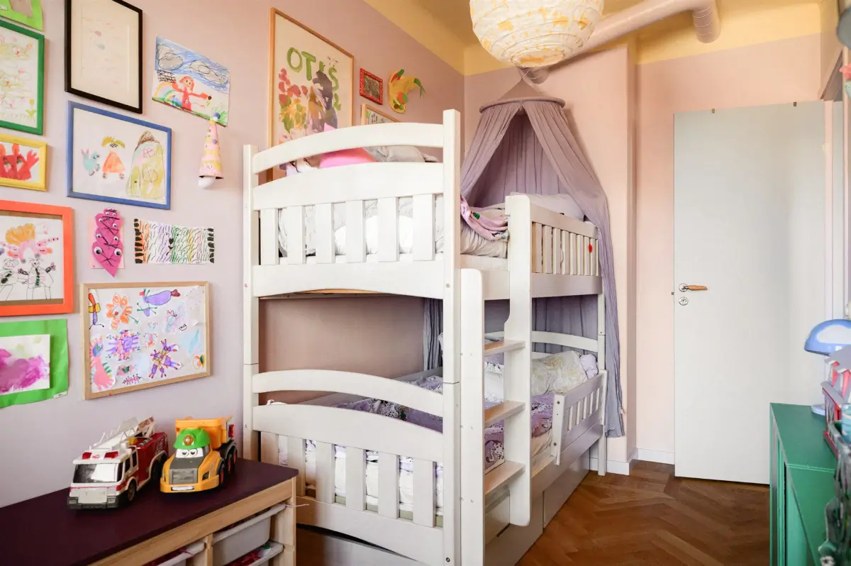 A Colorful Stockholm Family Apartment with Views of the Lake 29 purple childrens bedroom bunk bed