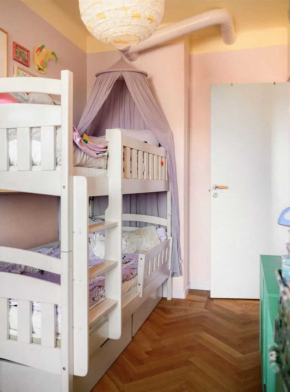 A Colorful Stockholm Family Apartment with Views of the Lake 30 purple kids bedroom yellow ceiling bunk beds