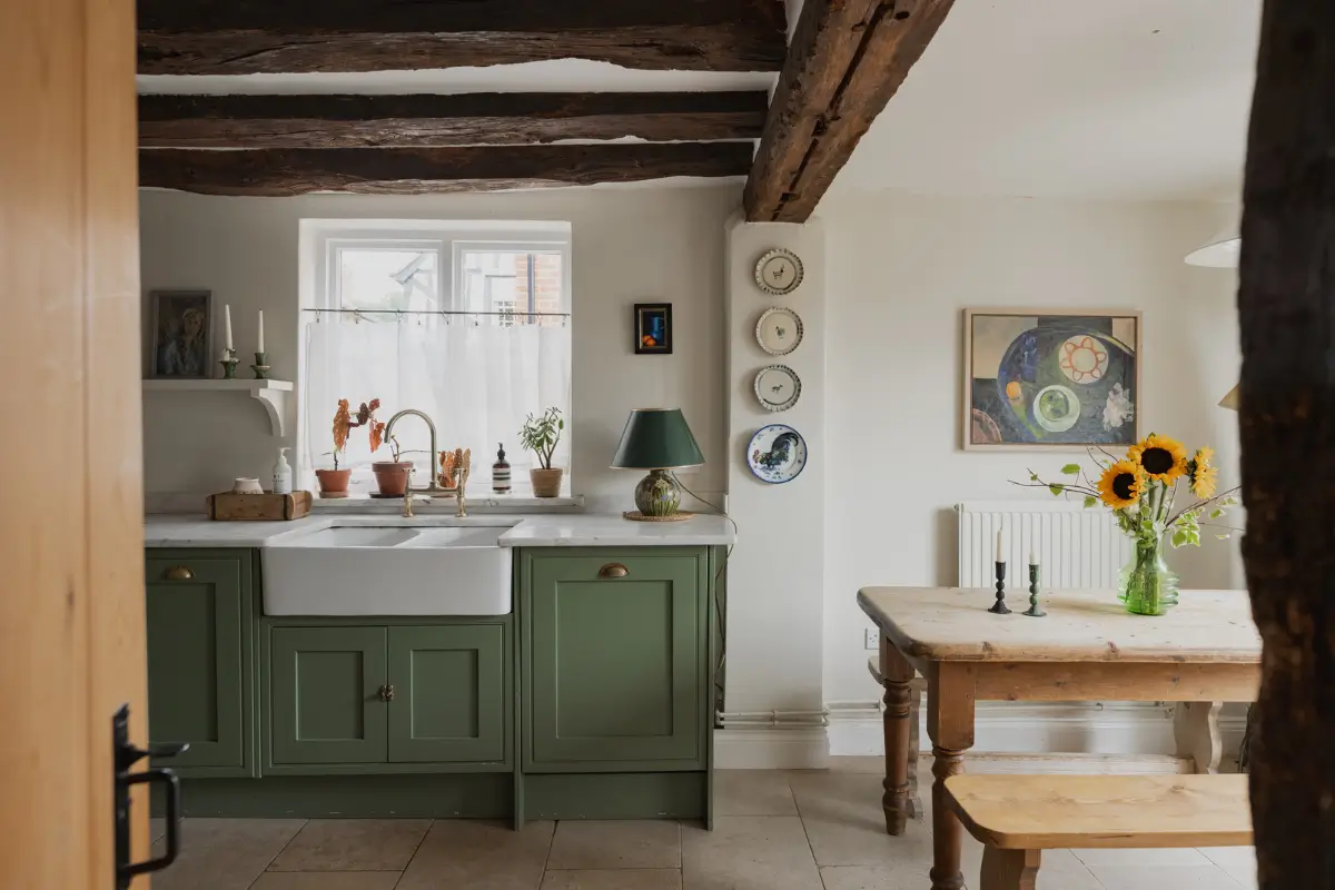 Best of 2025: Kitchens 94 sage green cottage kitchen butler sink exposed beams