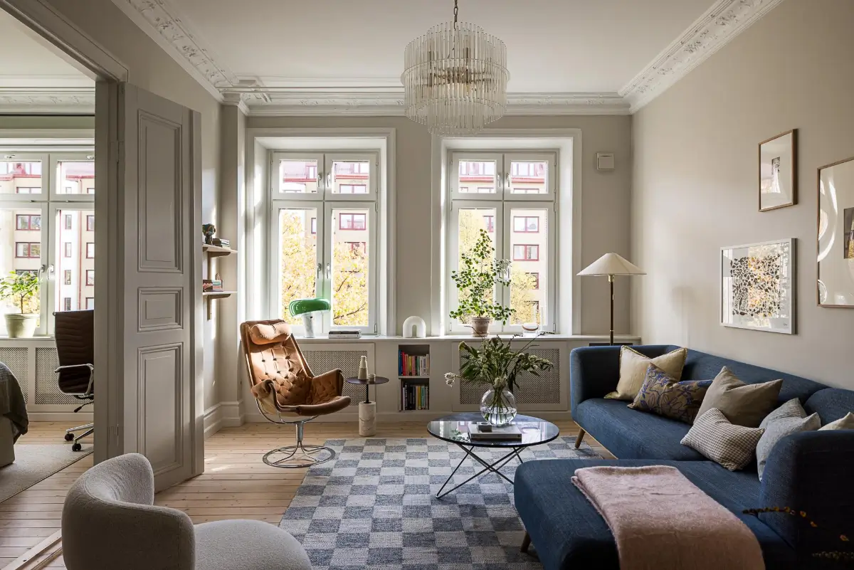 A Classic Renovated Apartment with a Social Light Green Kitchen 1 scandi living room checkered rug