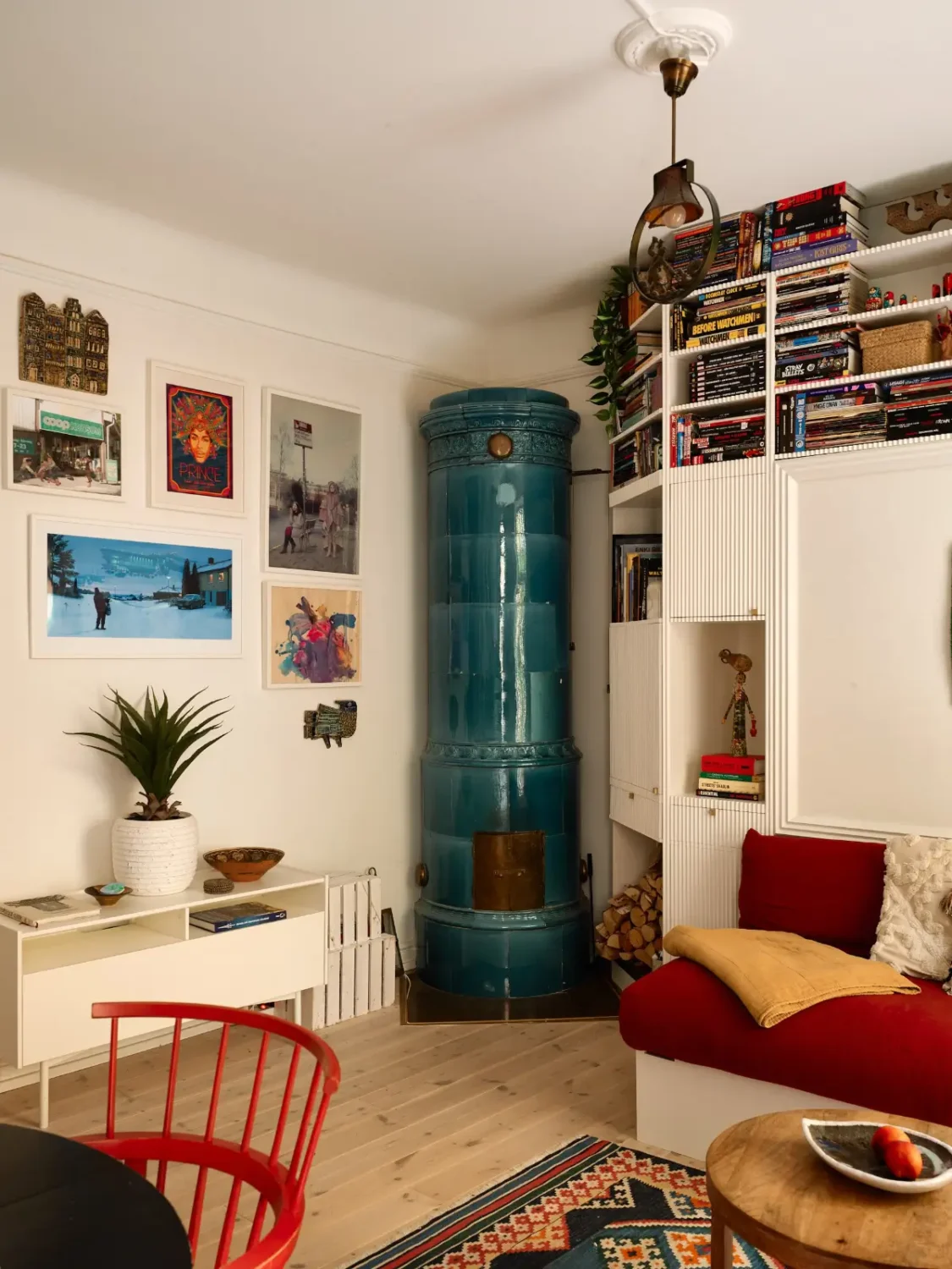 A Well-Planned Family Apartment with Historic Character 9 scandi living room with blue fireplace