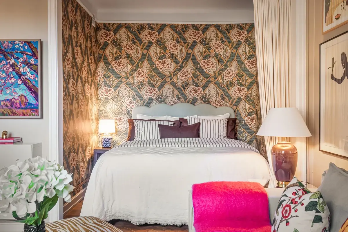 A Colorful Studio Apartment with Gucci Wallpaper 7 sleeping alcove wallpaper