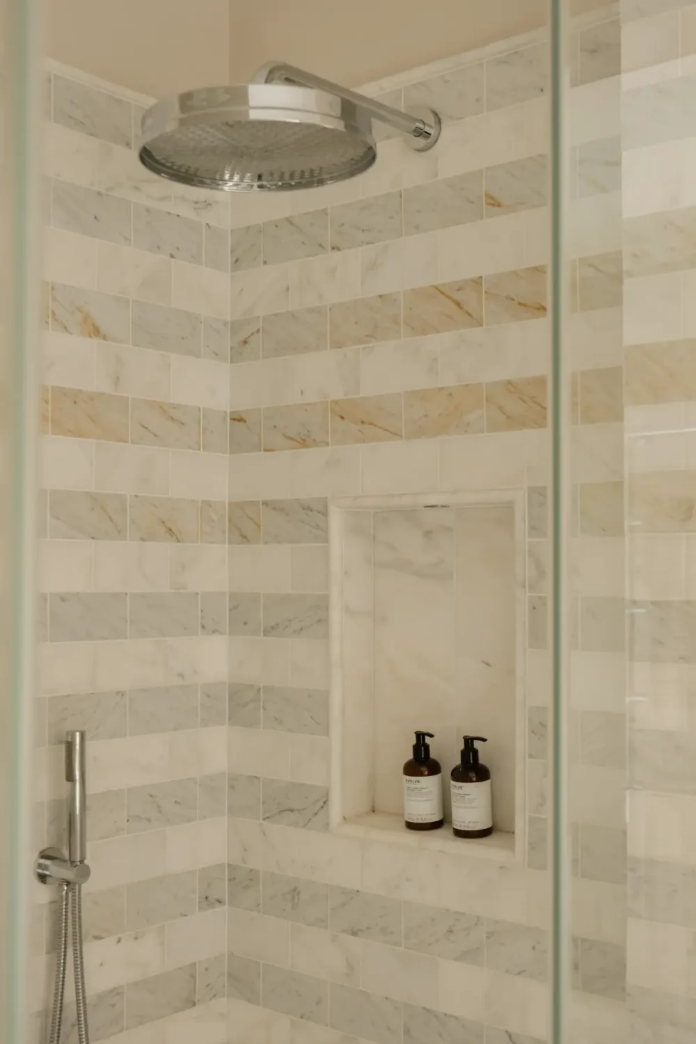 A Serene Duplex Apartment with a Glass Extension in London 30 striped bathroom tiles shower niche