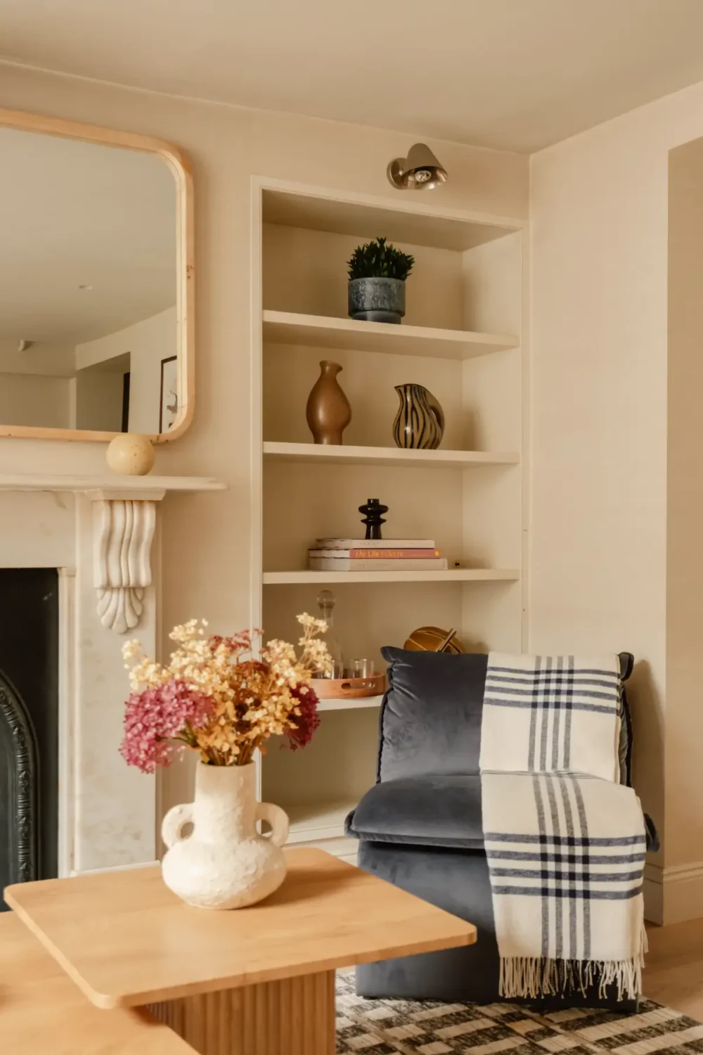 A Serene Duplex Apartment with a Glass Extension in London 3 velvet living room chair shelves
