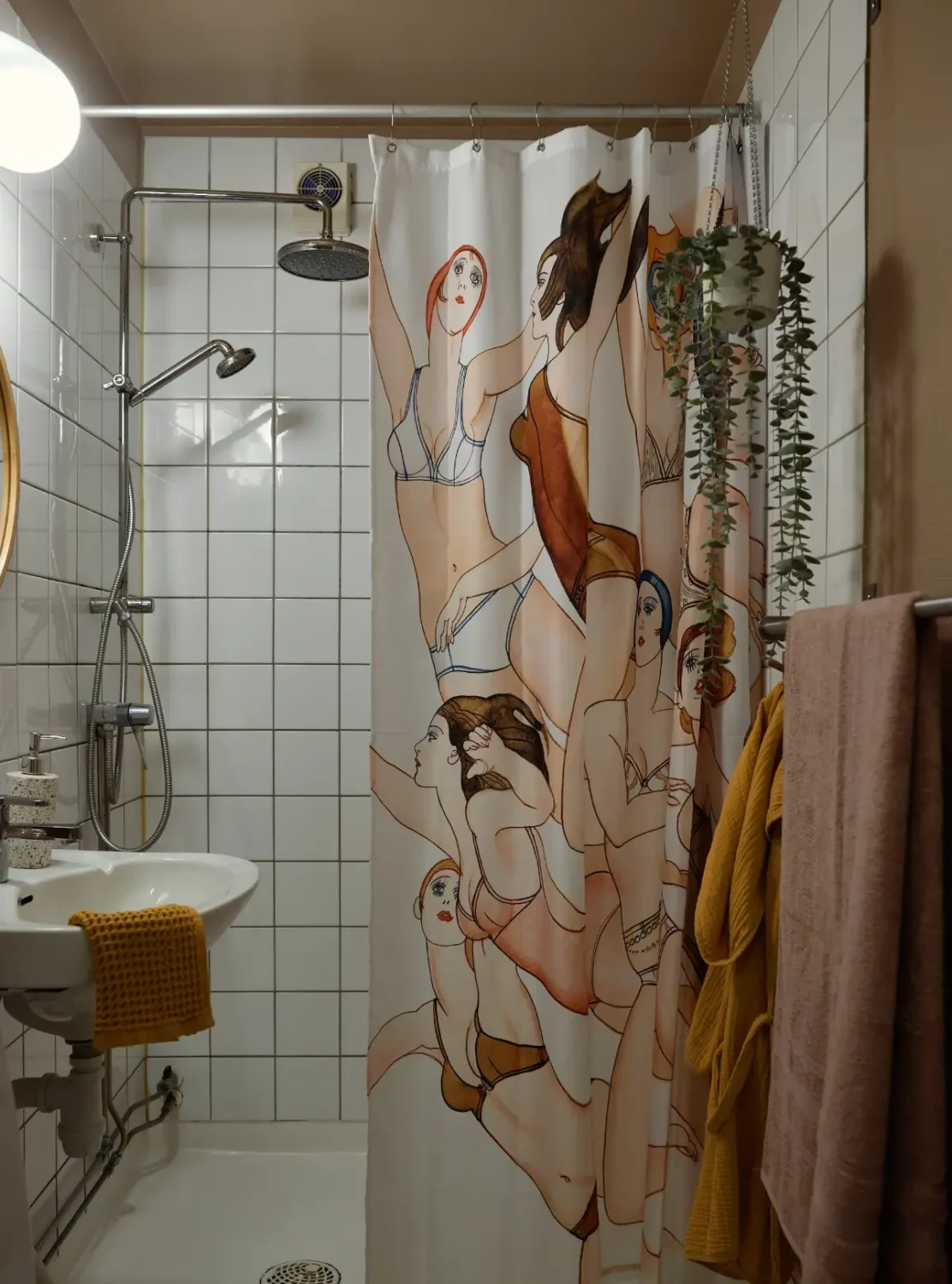 A Well-Planned Family Apartment with Historic Character 25 white tiled bathroom painted ceiling