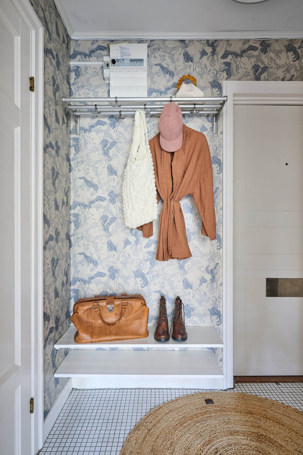 hall storage blue wallpaper A Bright and Colorful 1930s Apartment in Stockholm