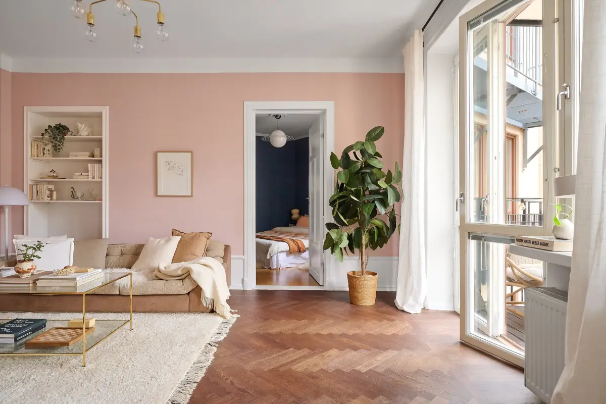 pink living room herringbone parquet floor