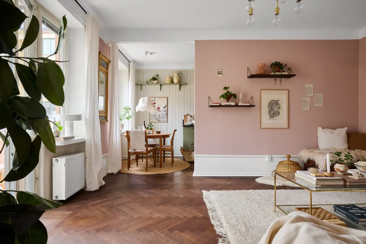 pink semi open plan living room parquet floor