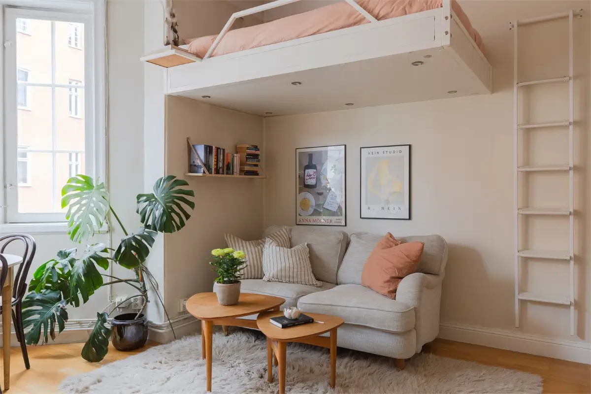 A Studio Apartment with a Large Bay Window and a Loft Bed 2 small-studio-apartment-bay-window-loft-bed-nordroom14