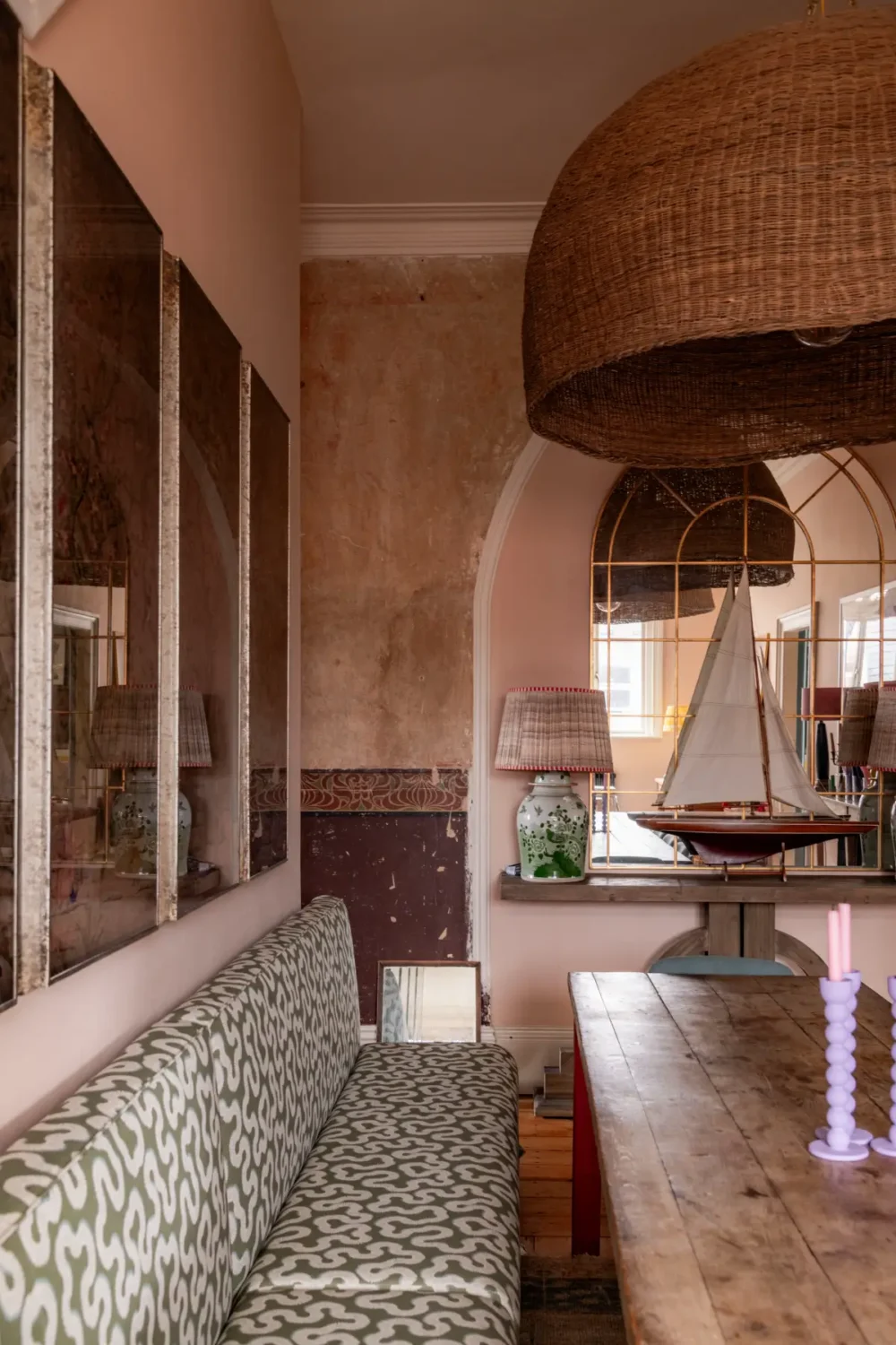 Best of 2025: Dining Rooms 13 pink-dining-room-patterned-bench-rustic-table-best-of-2025-dining-rooms-nordroom