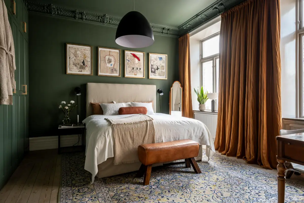 A Magnificent Historic Apartment with a Deep Green Bedroom 23 period-features-color-drenched-deep-green-bedroom-19th-century-apartment-nordroom