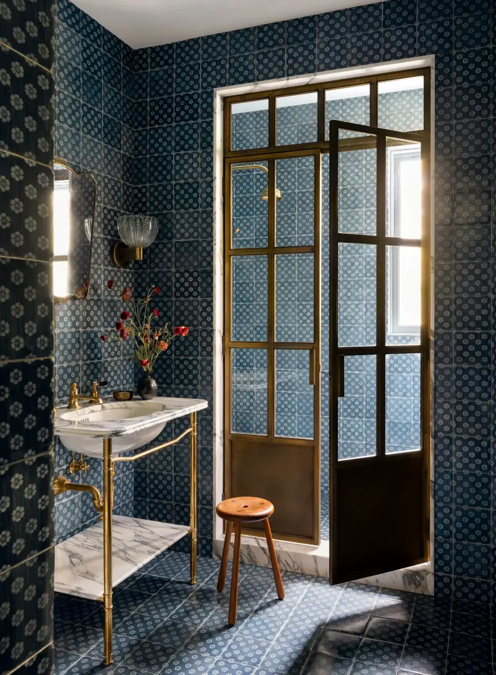 The 2027 Color of the Year Prediction: A Shift Toward More Expressive Colors? 3 bathroom-dark-blue-floral-patterned-tiles