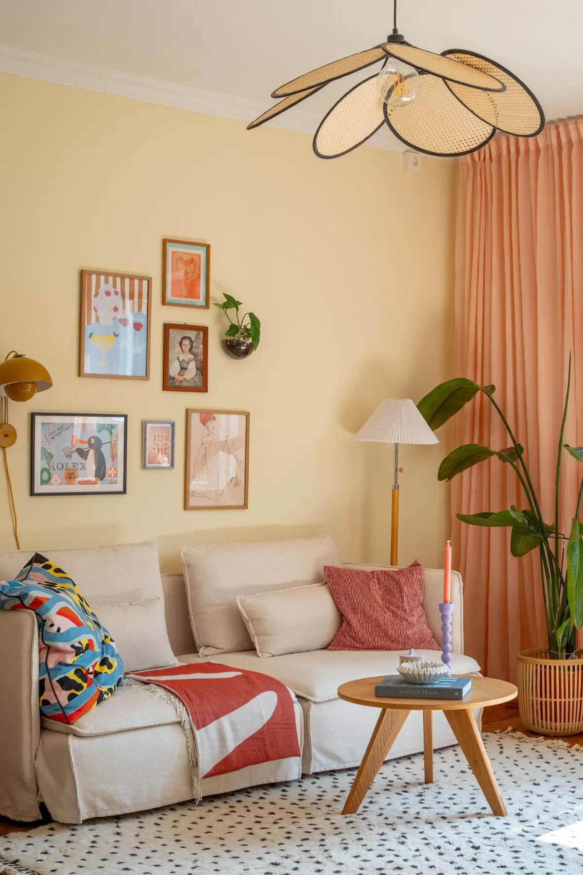 living room light yellow walls pink curtains