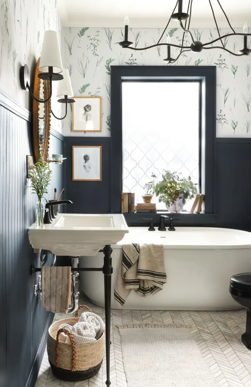 50 Bathroom Wallpaper Ideas Adding Color, Style, and Expression 36 bathroom-dark-blue-paneling-muted-green-botanical-wallpaper