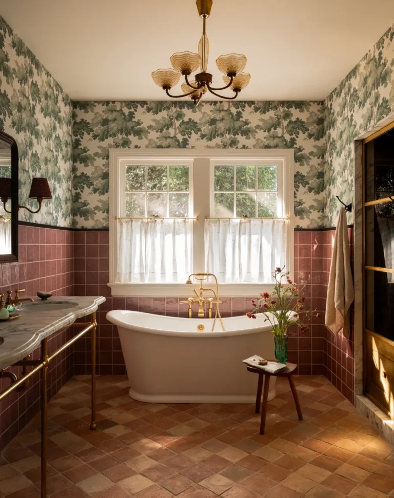 bathroom-freestanding-bath-pink-tiles-green-botanical-wallpaper-terracotta-floor