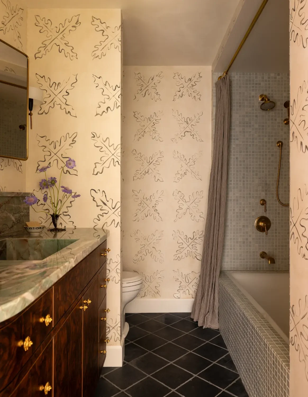 50 Bathroom Wallpaper Ideas Adding Color, Style, and Expression 9 bathroom-stenciled-wallpaper