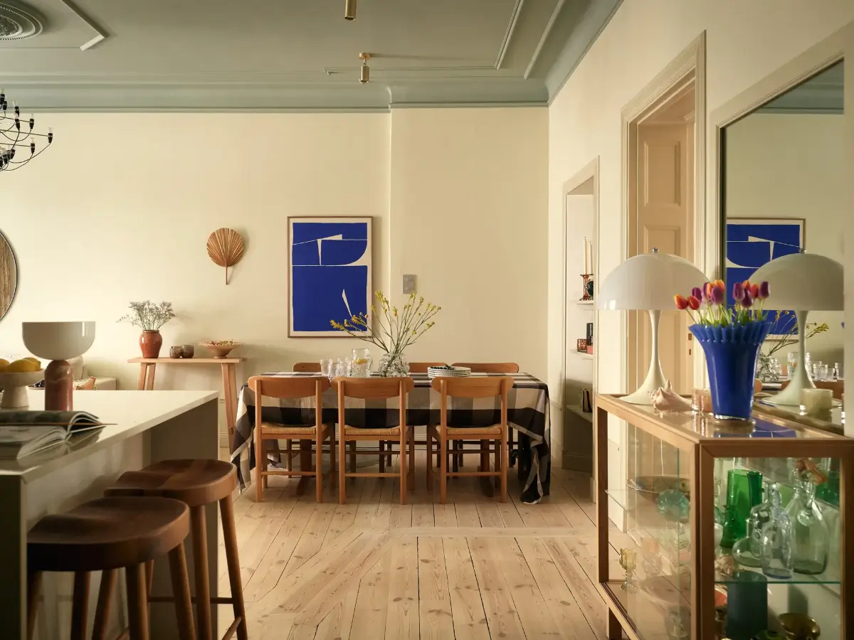 A Serene Color Palette and an Open-Plan Living Space in a Stockholm Apartment 10 open-plan-living-space-painted-ceiling-turn-of-the-century-stockholm-apartment-nordroom