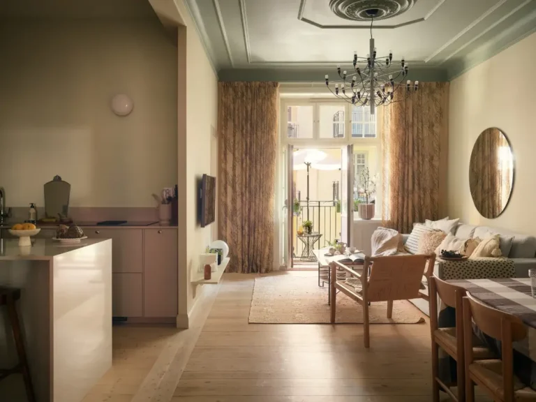 open-plan-living-space-painted-ceiling-turn-of-the-century-stockholm-apartment-nordroom