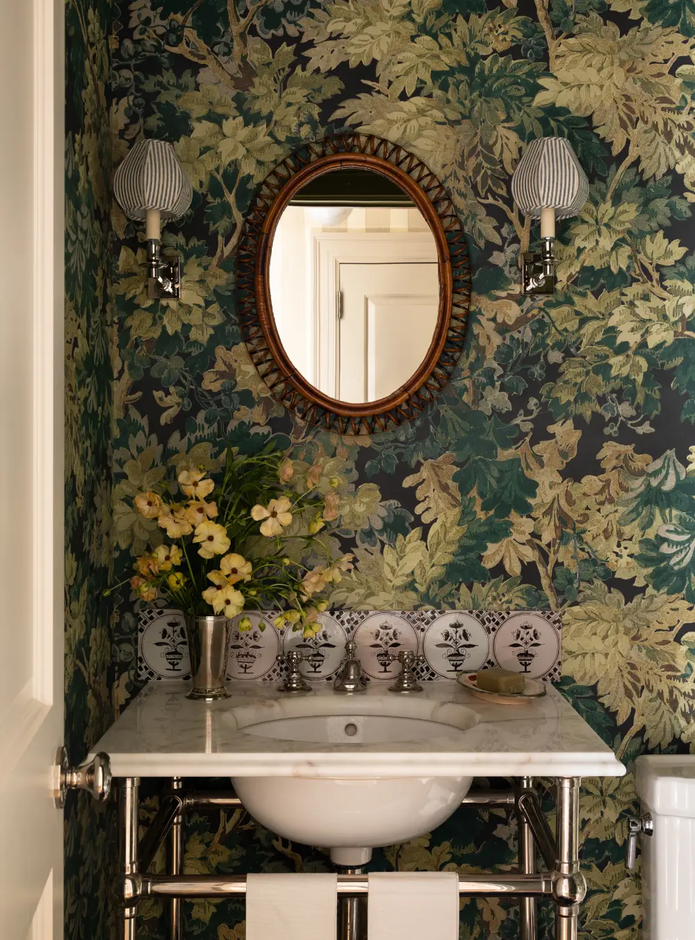 50 Bathroom Wallpaper Ideas Adding Color, Style, and Expression 22 powder-room-botanical-wallpaper