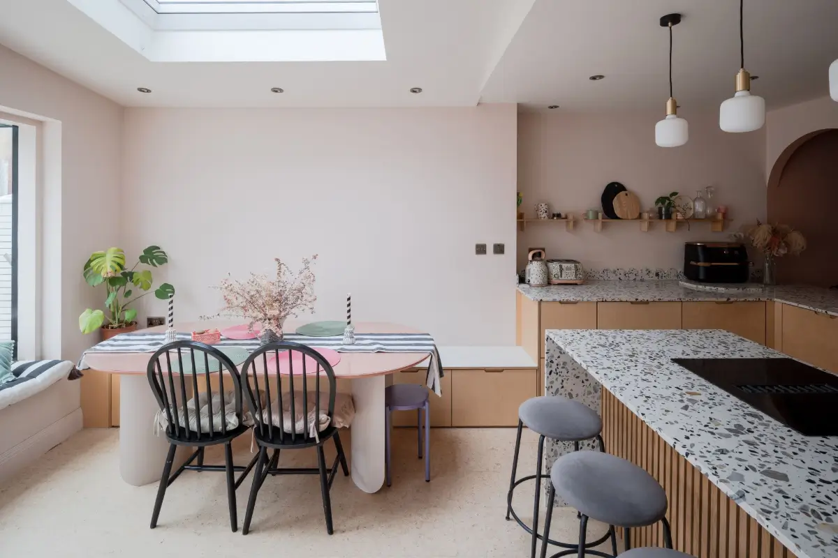 Terrazzo and a Soft Peach and Sage Green Palette in an Art Deco-Inspired London Home 12 colorful-extended-family-home-london