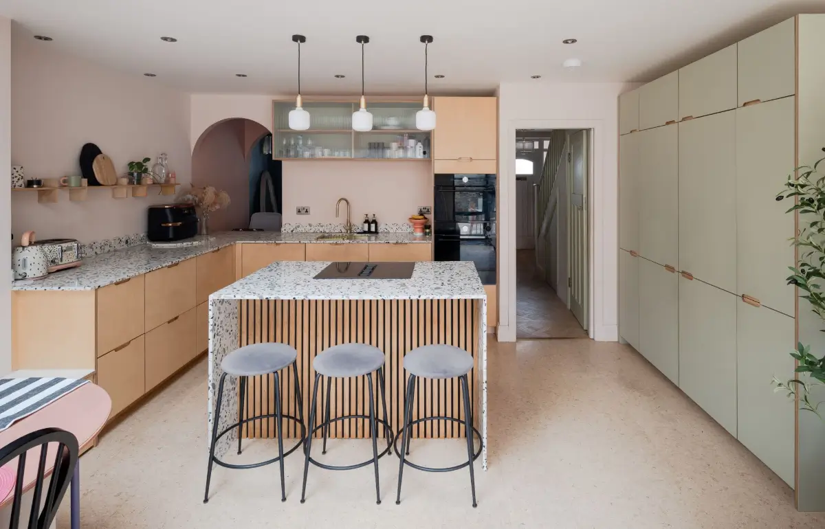 Terrazzo and a Soft Peach and Sage Green Palette in an Art Deco-Inspired London Home 14 colorful-extended-family-home-london