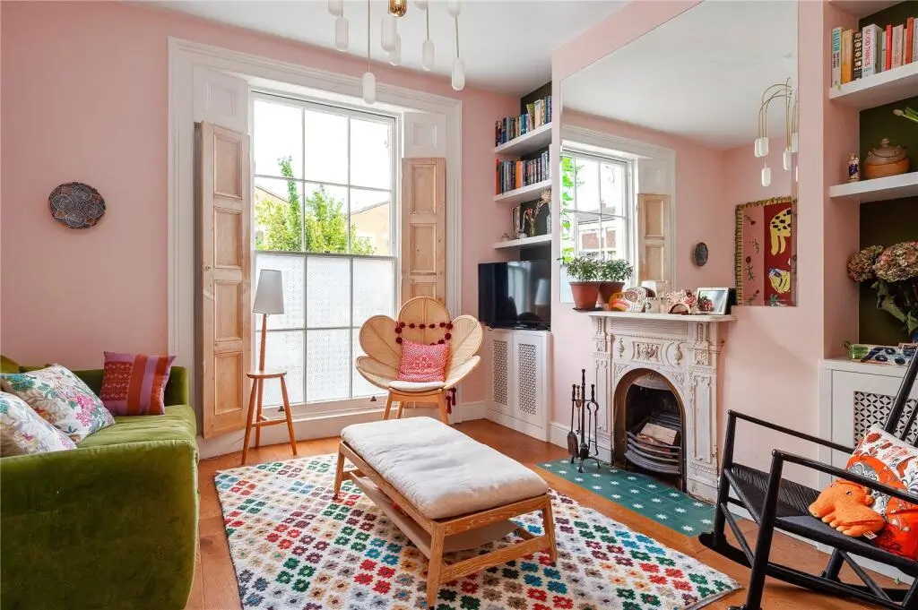 A Pink and Green Living Room in a Charming Victorian Family Home 3 pink-green-living-space-victorian-duplex-london
