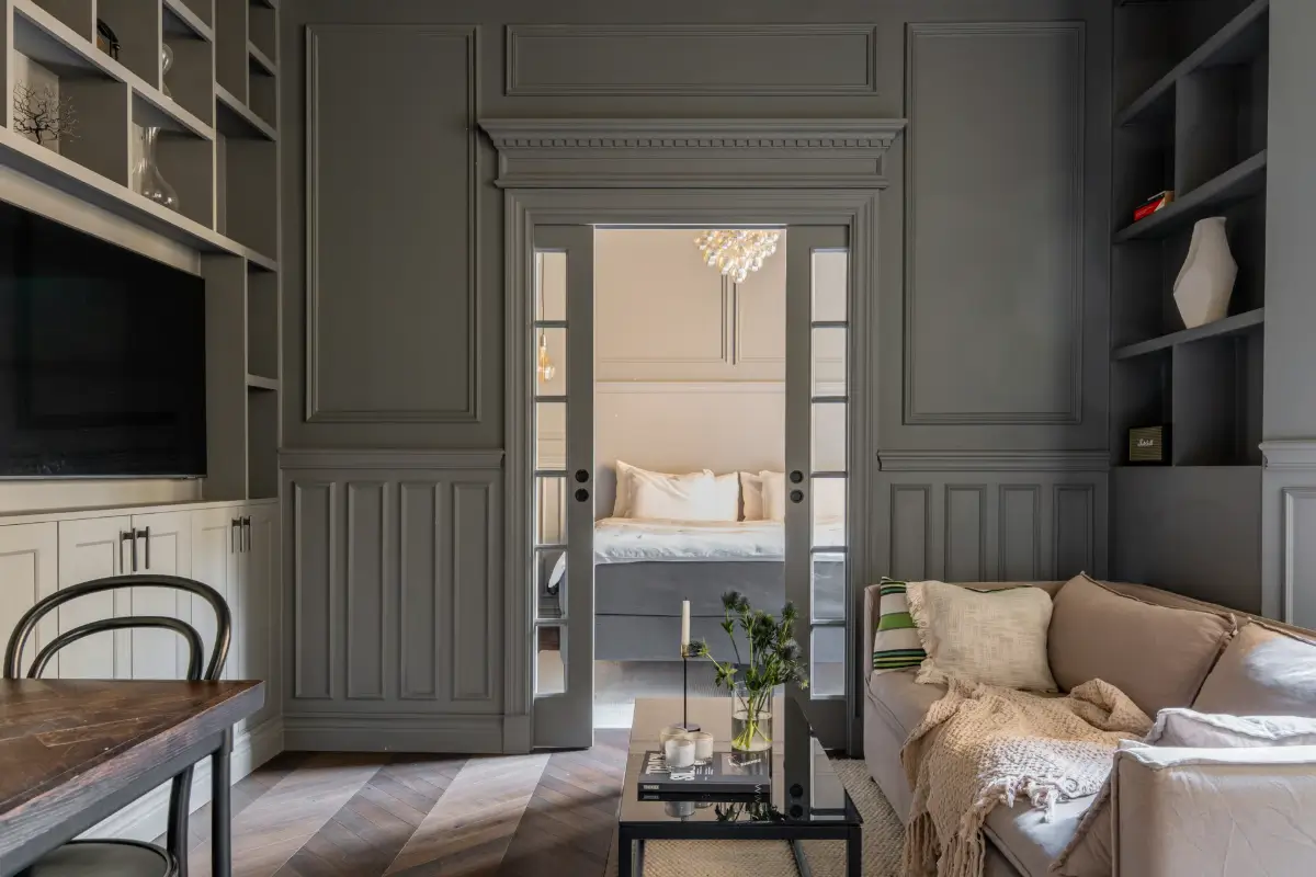 A Small Dark Gray Stockholm Apartment with Period Features and Smart Storage 2 small-color-drenched-gray-apartment-stockholm
