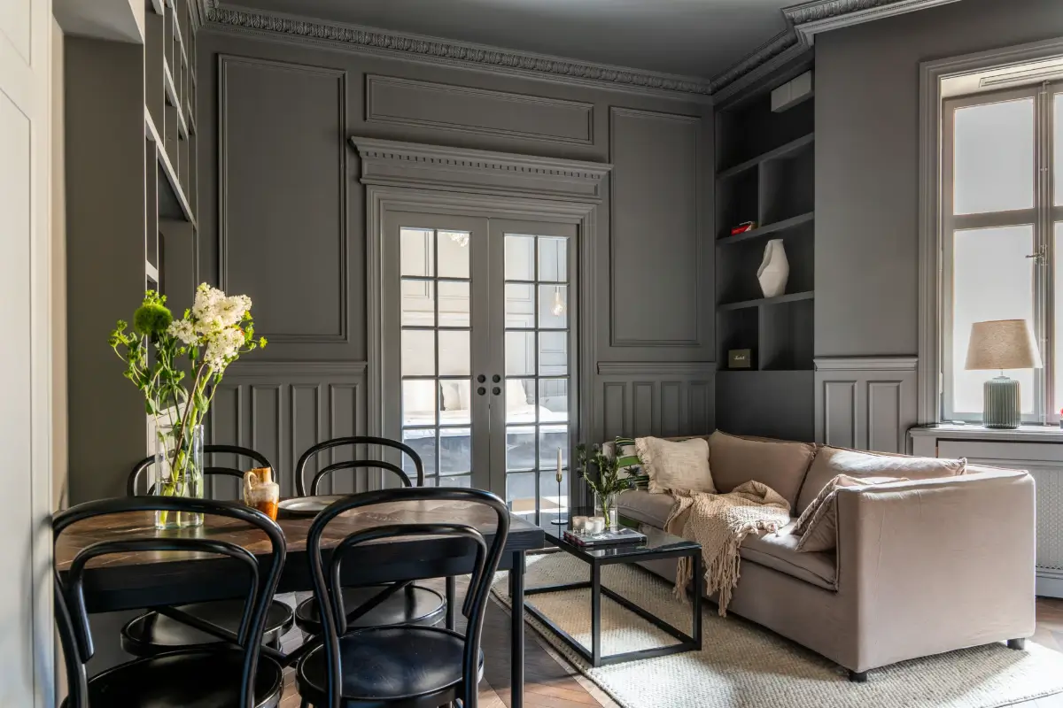 A Small Dark Gray Stockholm Apartment with Period Features and Smart Storage 1 small-color-drenched-gray-apartment-stockholm