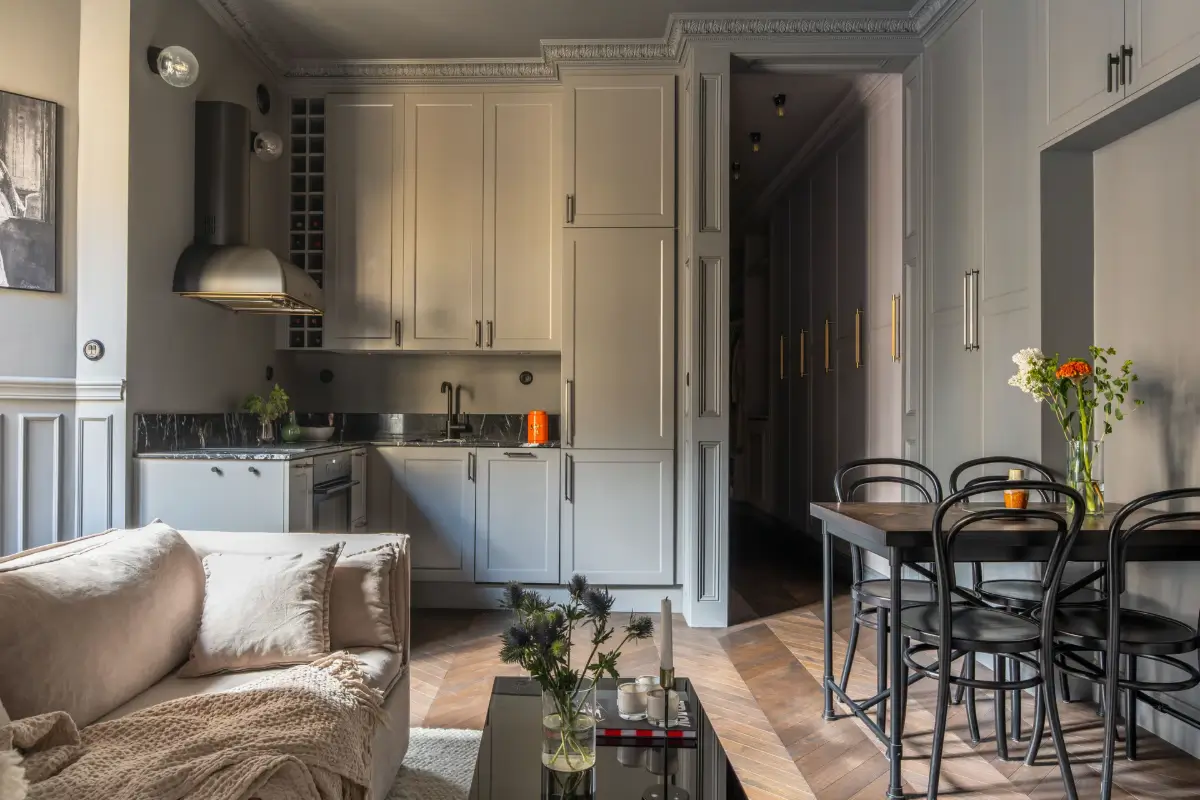 A Small Dark Gray Stockholm Apartment with Period Features and Smart Storage 7 small-color-drenched-gray-apartment-stockholm