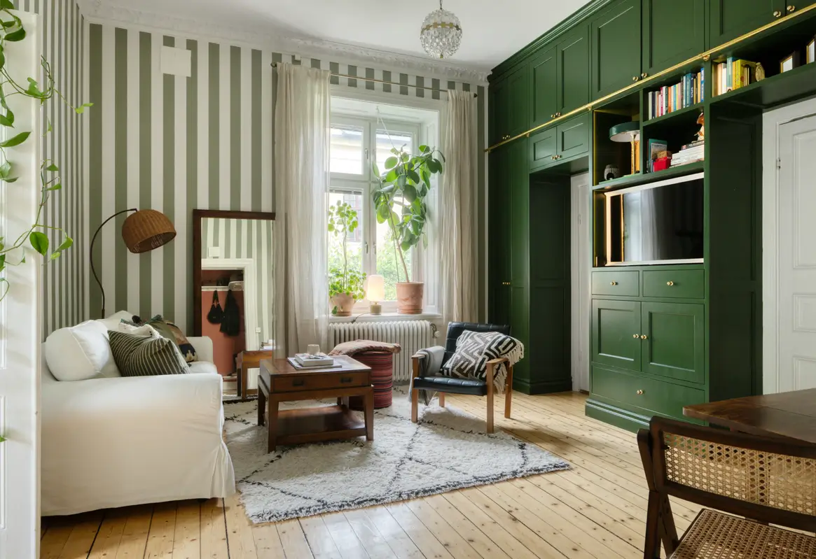 A Small Apartment with Striped Green Walls, Period Features, and a Yellow Bedroom 1 striped-green-walls-yellow-bedroom-late-19th-century-apartment-nordroom