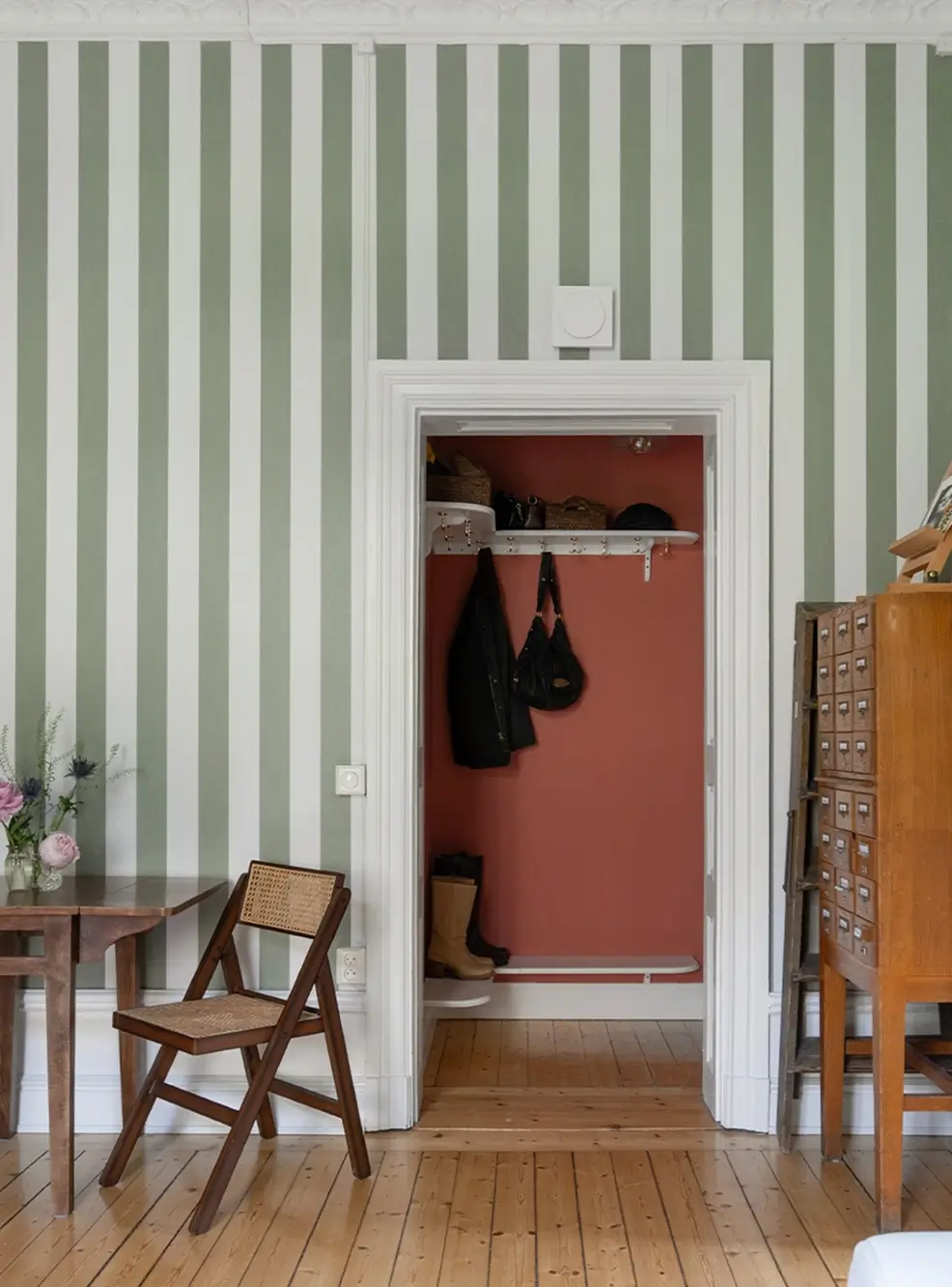 A Small Apartment with Striped Green Walls, Period Features, and a Yellow Bedroom 19 striped-green-walls-yellow-bedroom-late-19th-century-apartment-nordroom