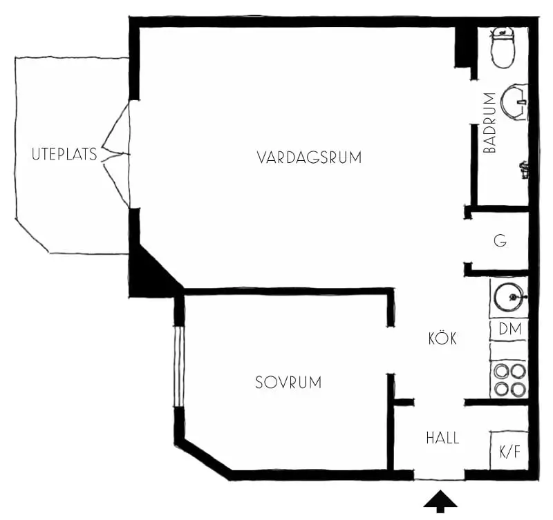 Before & After: Swedish Marble and Muted Tones in a Small Courtyard Apartment 47 floorplan before after small stockholm apartment1 Before & After: Swedish Marble and Muted Tones in a Small Courtyard Apartment