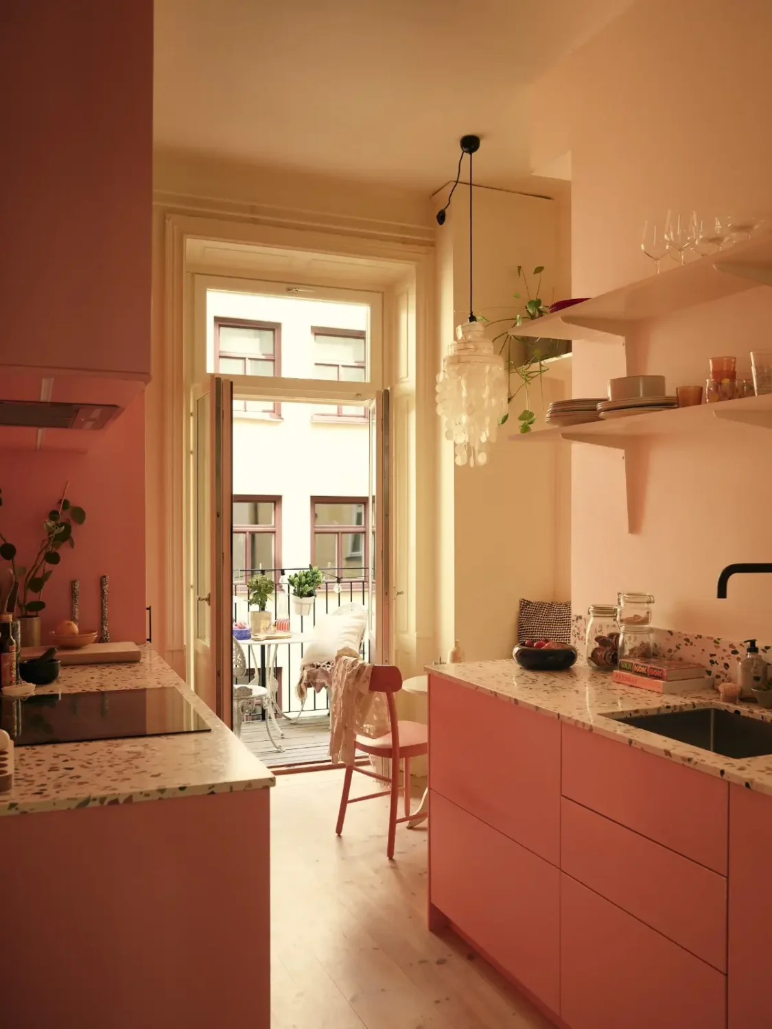 Before & After: A Colorful, Modern Update for a Late 19th-Century Apartment 24 pink-kitchen-painted-green-joinery-late-19th-century-stockholm-apartment-nordroom