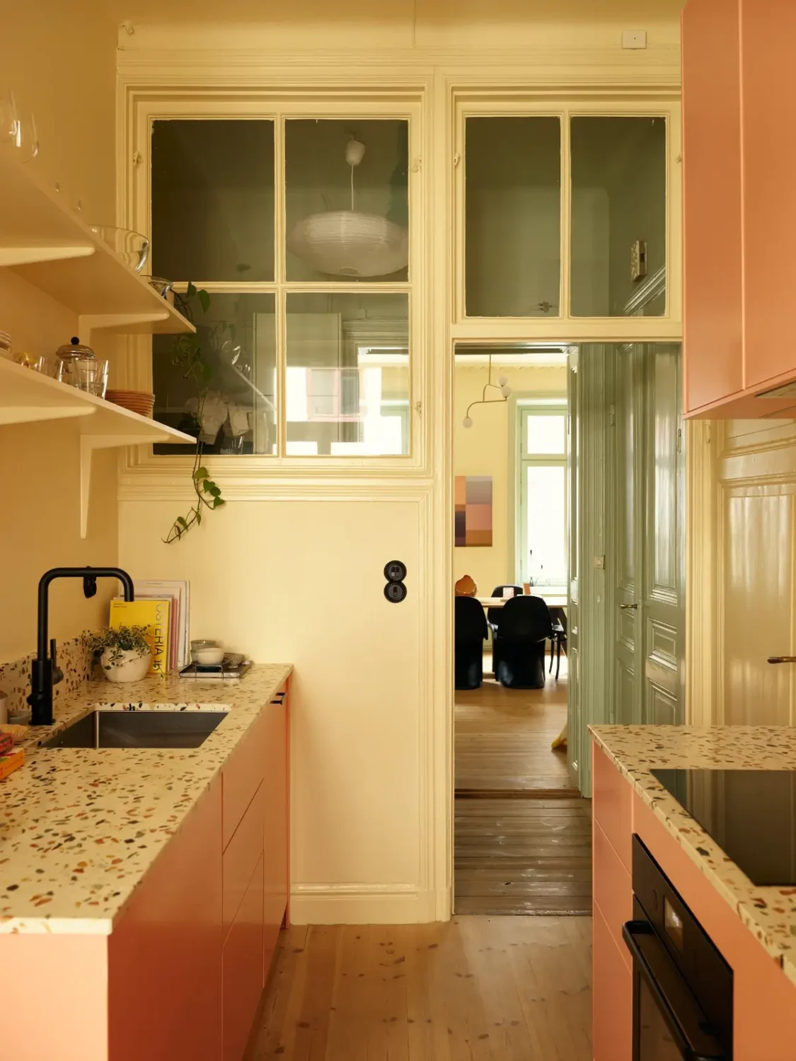 Before & After: A Colorful, Modern Update for a Late 19th-Century Apartment 37 pink-kitchen-painted-green-joinery-late-19th-century-stockholm-apartment-nordroom